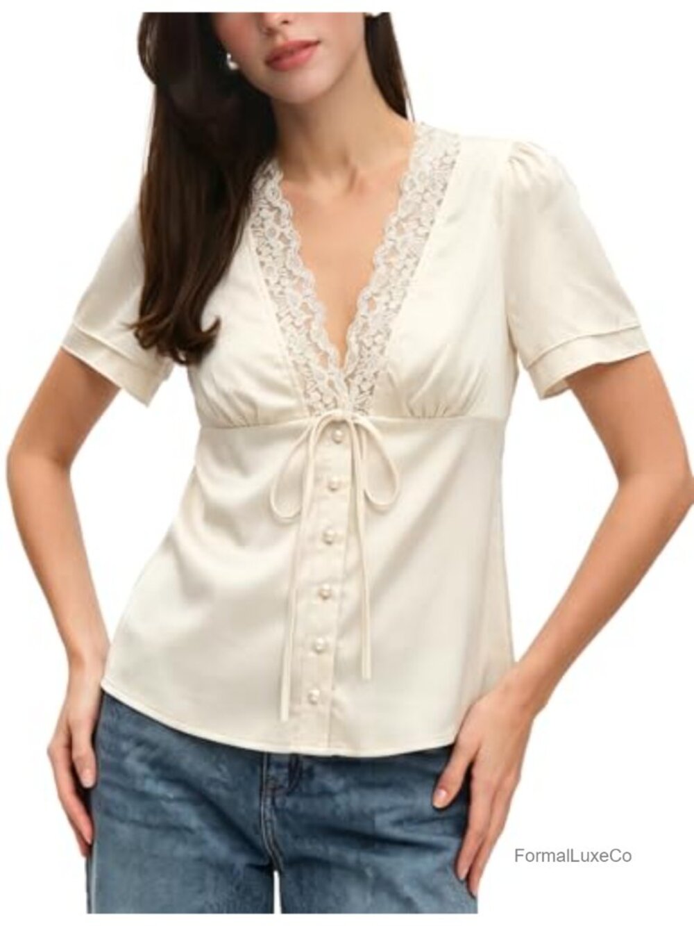 Satin V Neck Lace Trim Tie Front Blouse Ruffle Sleeve Top